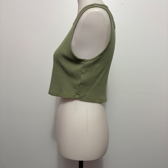 American Eagle Tank Top Large Green Ribbed Double Strap Cut Out Crop Tank - Picture 3 of 9